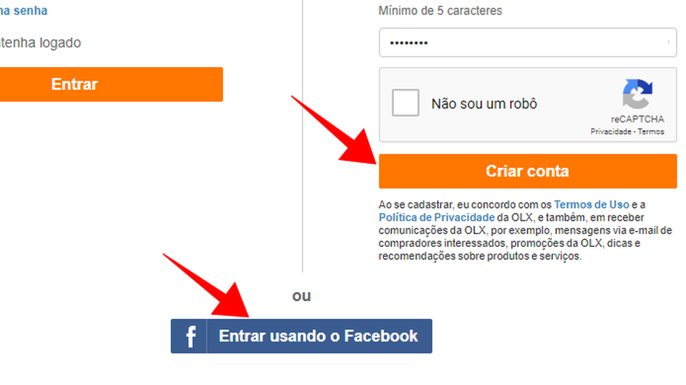 Create an account manually or via Facebook on OLX Photo: Reproduo / Paulo Alves