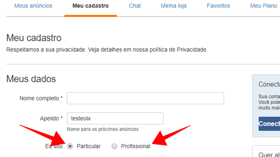 Select between private and professional accounts on the web version of OLX Photo: Reproduo / Paulo Alves