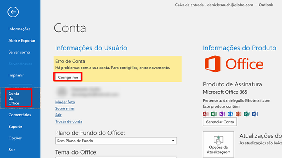 In File, select Office Account to check for errors Photo: Reproduo / Daniel Ribeiro