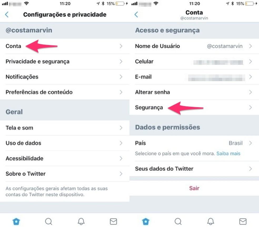 Way to access security settings on the Twitter app Photo: Reproduction / Marvin Costa