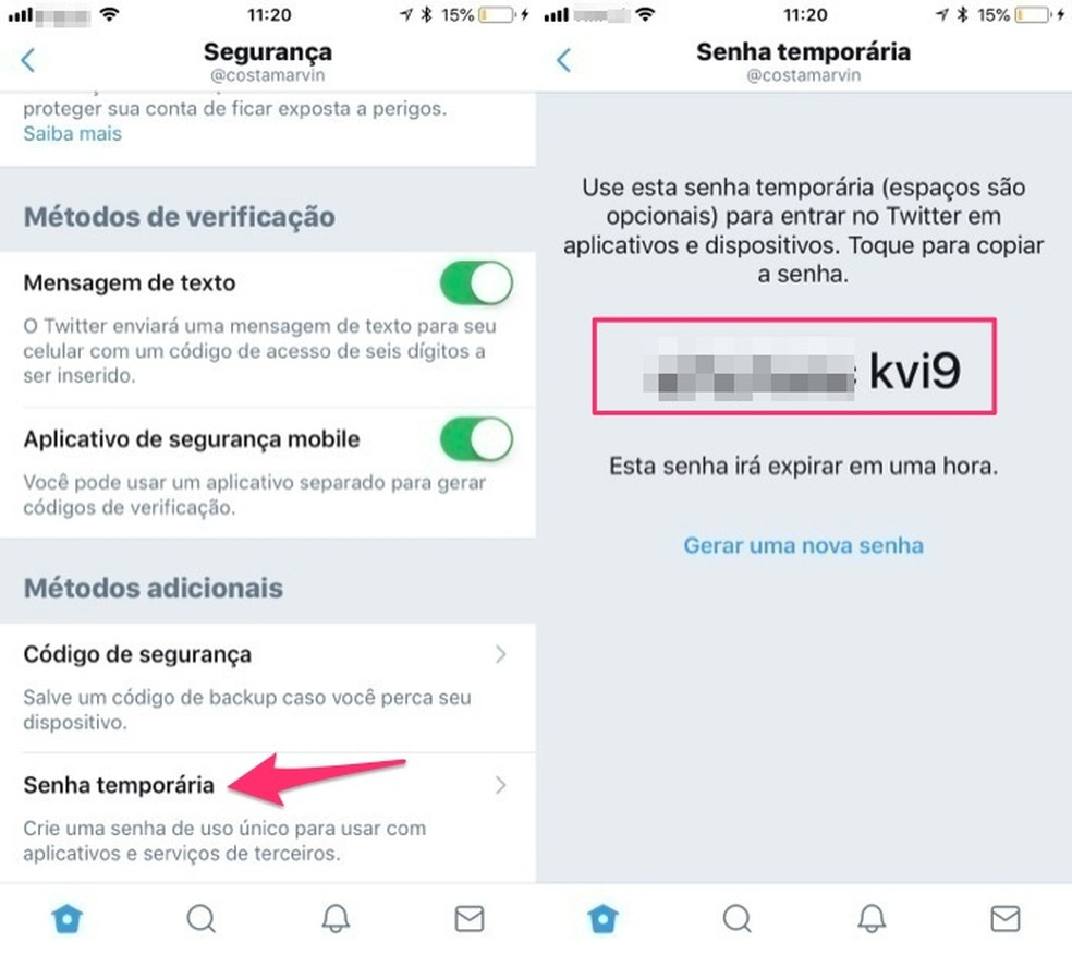 When to view a temporary password in the Twitter application Photo: Reproduo / Marvin Costa