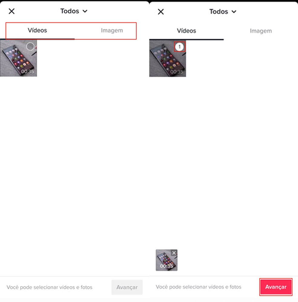 Select the videos and / or photos to compose the post on TikTok Photo: Reproduo / dnetc