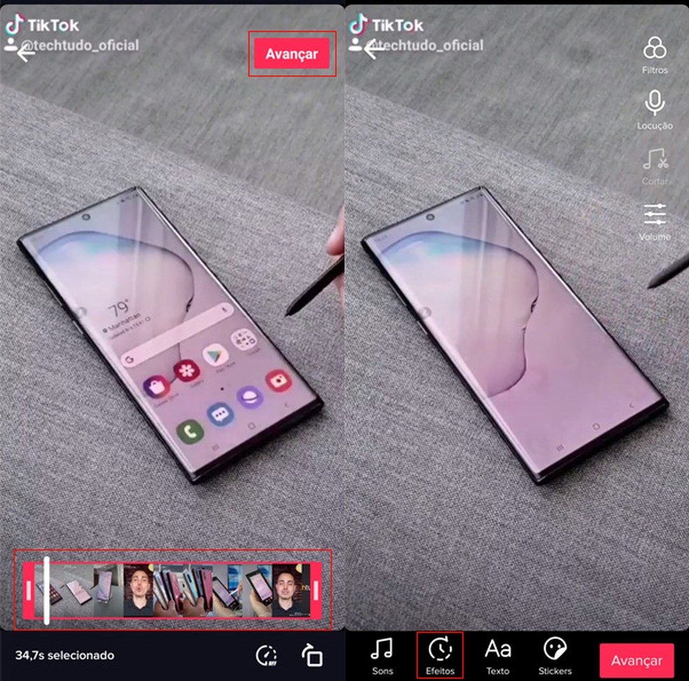 Cut the video if you wish, and access the effects option on TikTok Photo: Reproduo / dnetc
