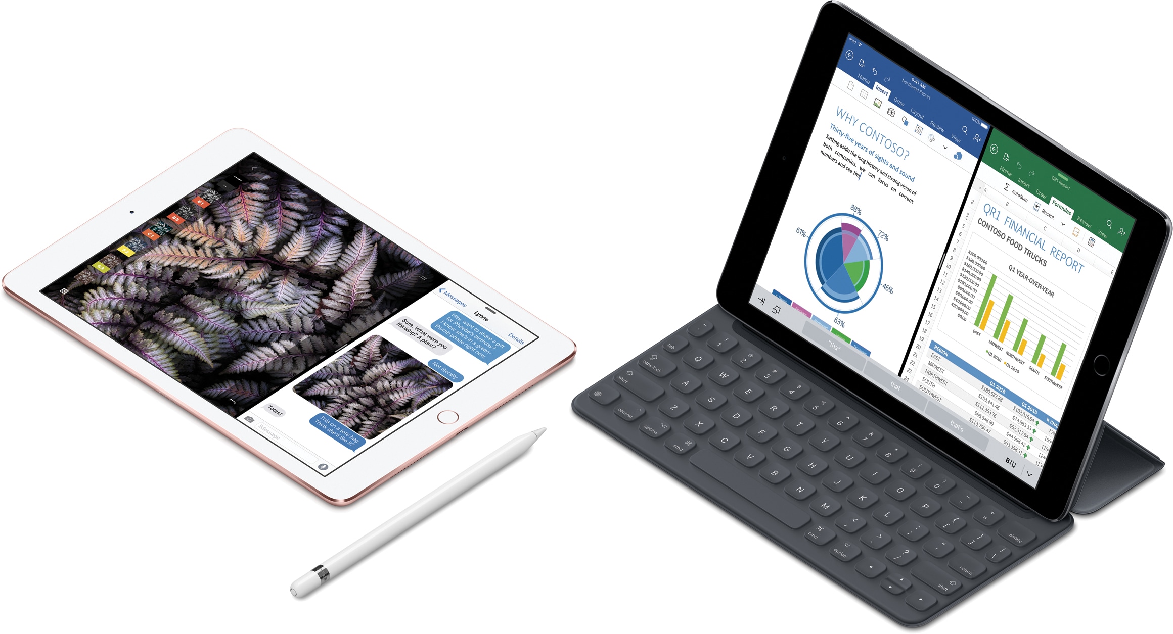 9.7-inch iPad Pro lying with Apple Pencil next to 12.9-inch iPad Pro with Smart Keyboard