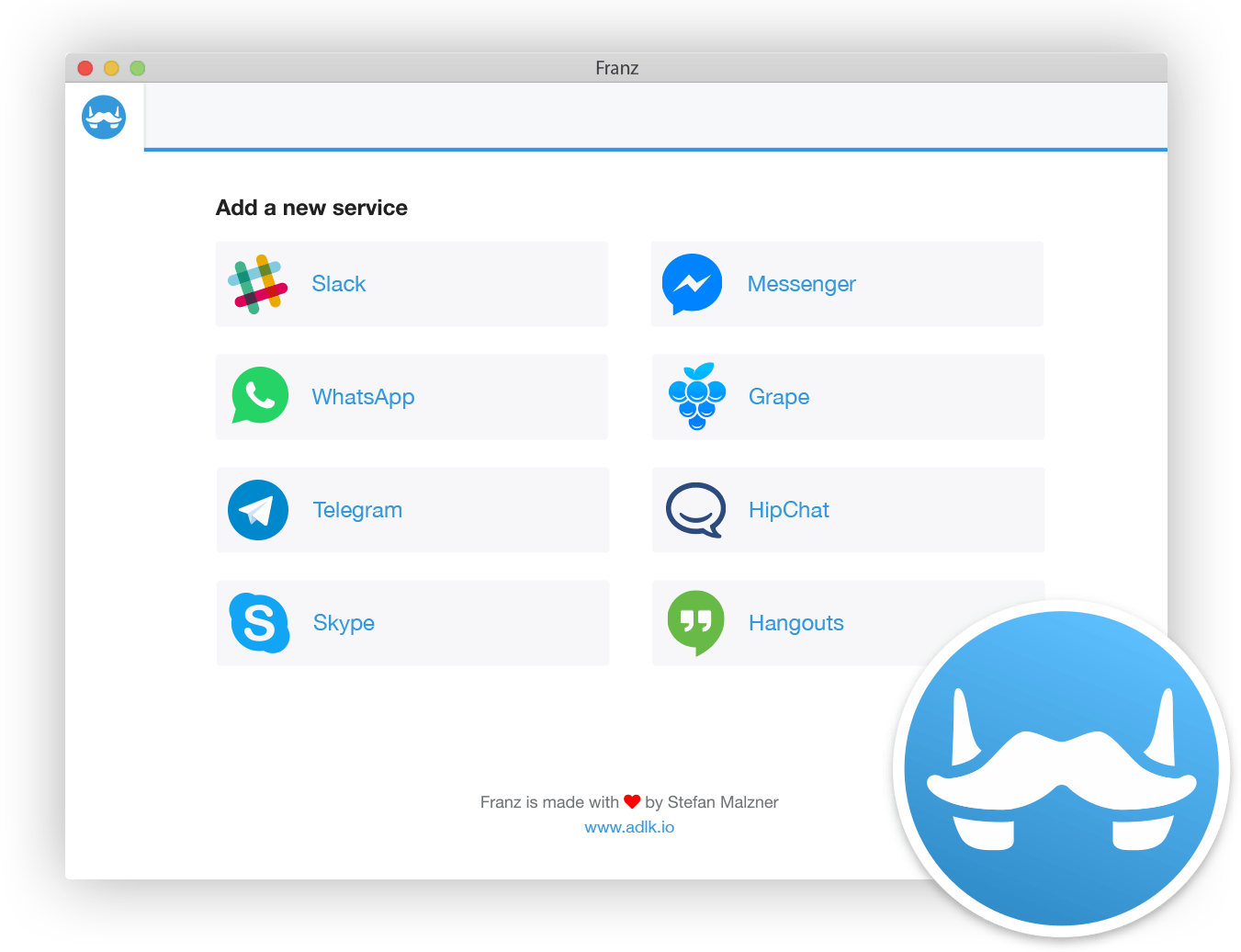Franz is a new software for Mac that brings together in one window Messenger, WhatsApp, Telegram, Skype, Hangouts and more