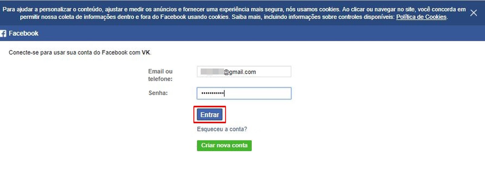 Enter your Facebook login data to create a VK account Photo: Reproduo / Taysa Coelho