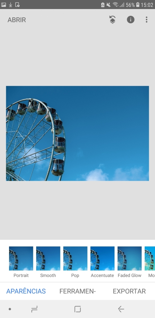 Snapseed, application on Android, showing a ferris wheel image and the filters applied on it in the app interface