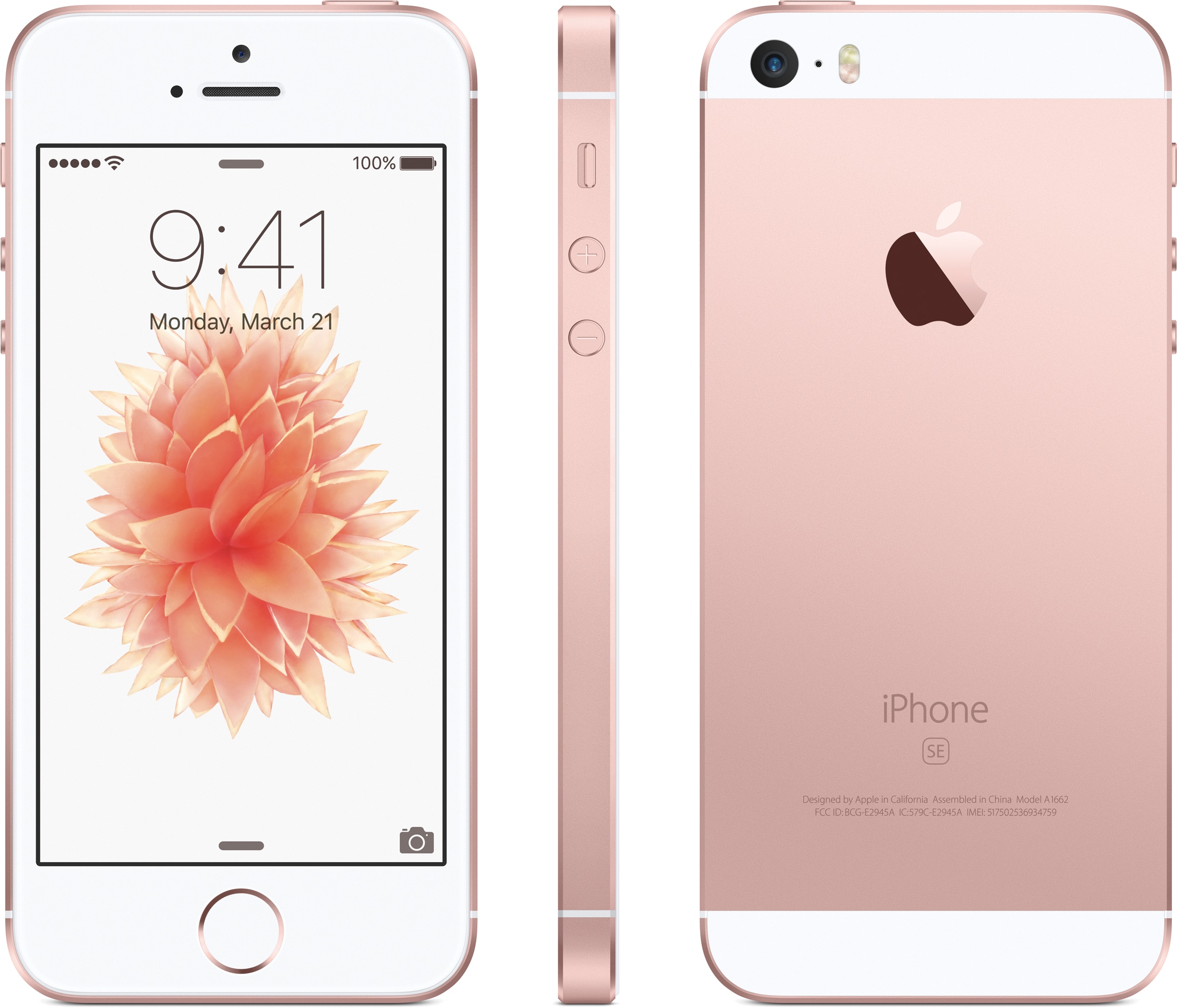 iPhone SE rose gold front, side and back