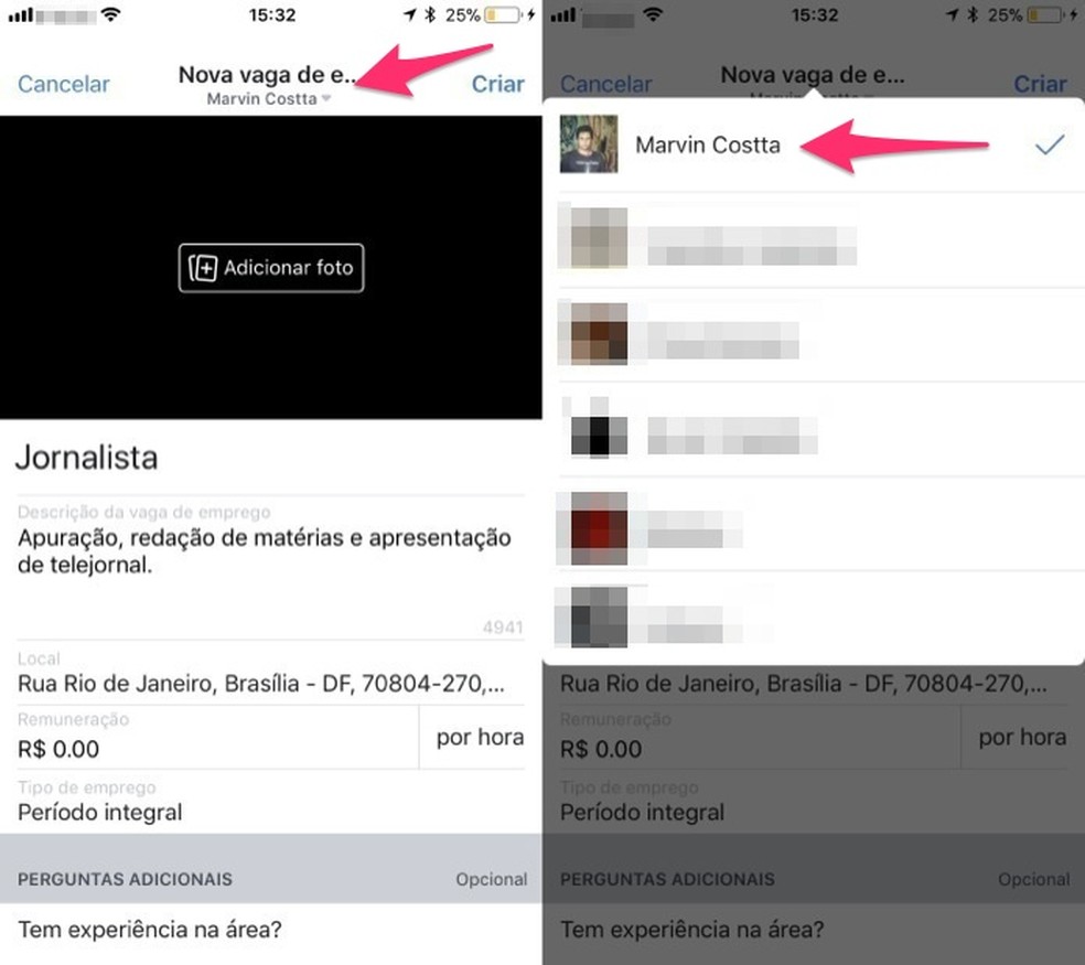 When to choose which page to publish the advertisement created in the Facebook app Photo: Reproduo / Marvin Costa