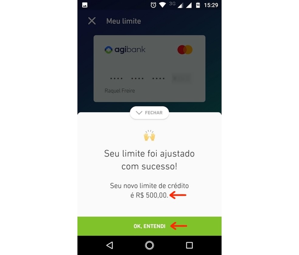 Agibank credit card limit updated on the app Photo: Reproduo / Raquel Freire