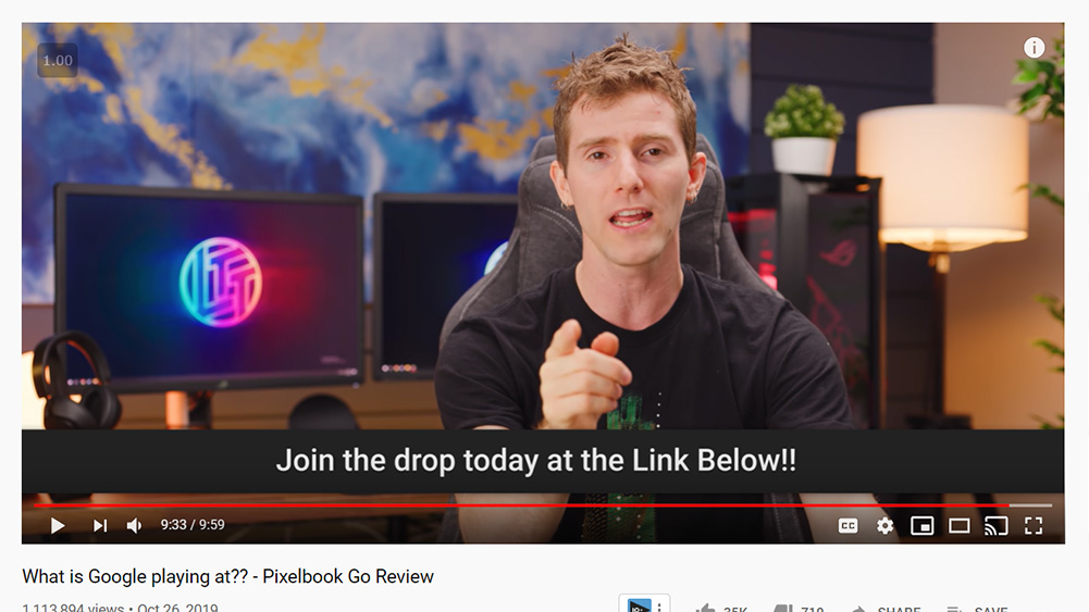 Linus, host of Linus Tech Tips, in video advertising about Pixelbook Go