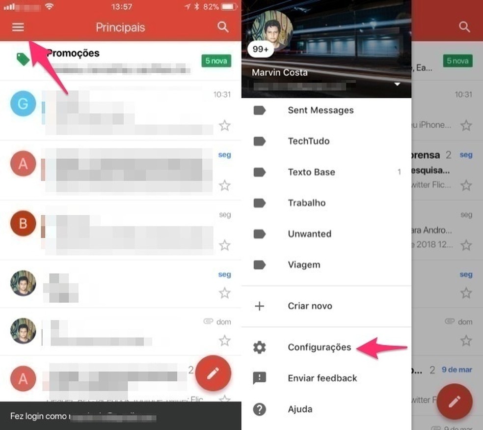 Way to access settings in the Gmail app Photo: Reproduction / Marvin Costa