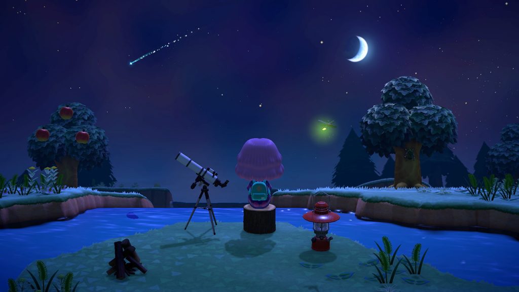 Animal Crossing character: New Horizons admiring the island's night sky.