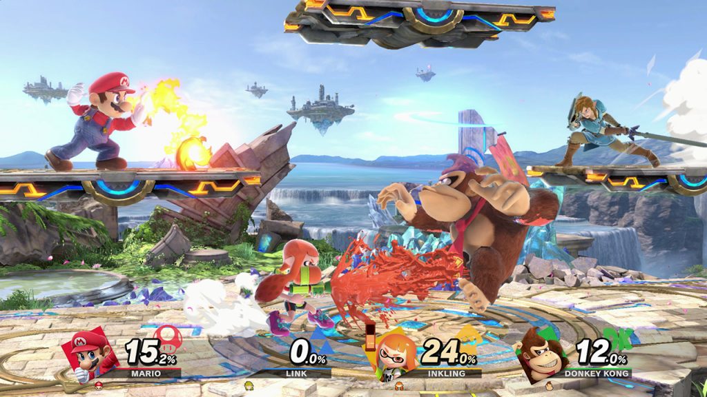 Four characters face off in one of the Super Smash Bros. arenas. Ultimate.
