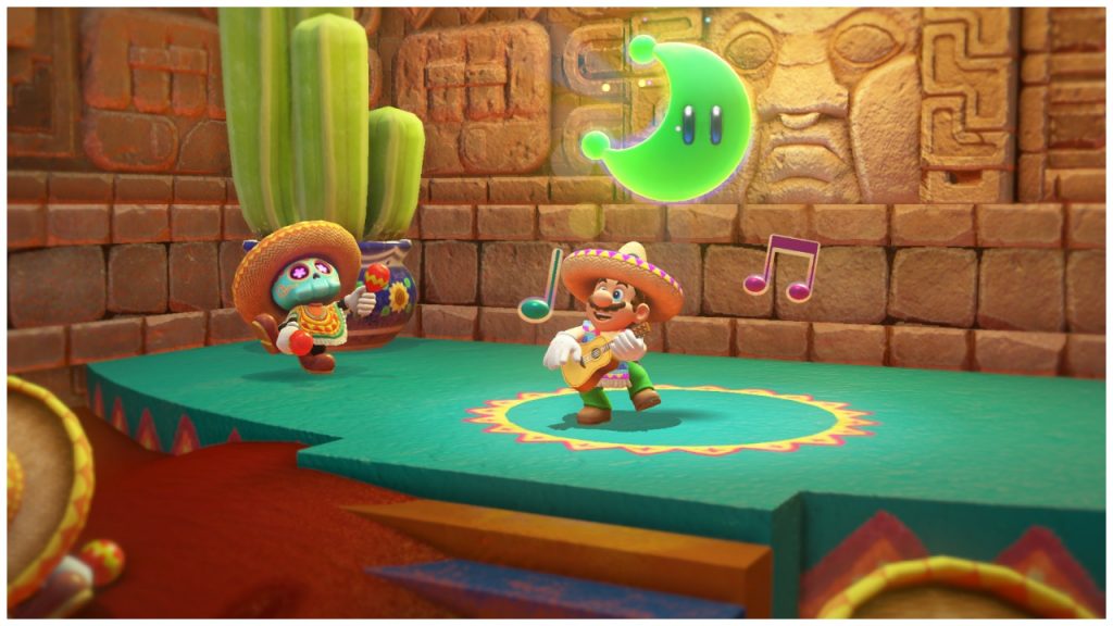 Mario plays the guitar with a Mexican-themed character.