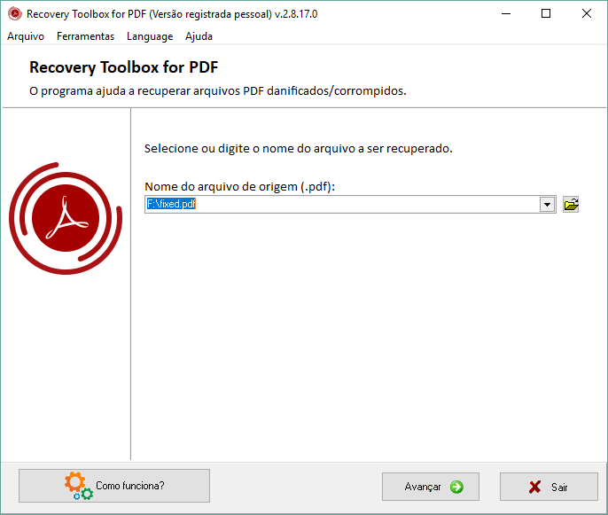 recovery toolbox for pdf screen, to insert the file name in a bar