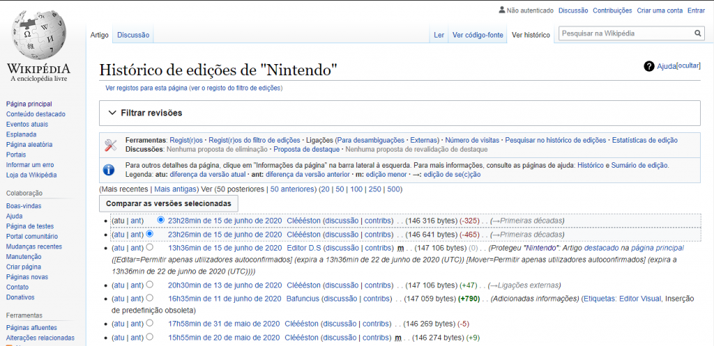 Nintendo's Wikipedia page, history tab