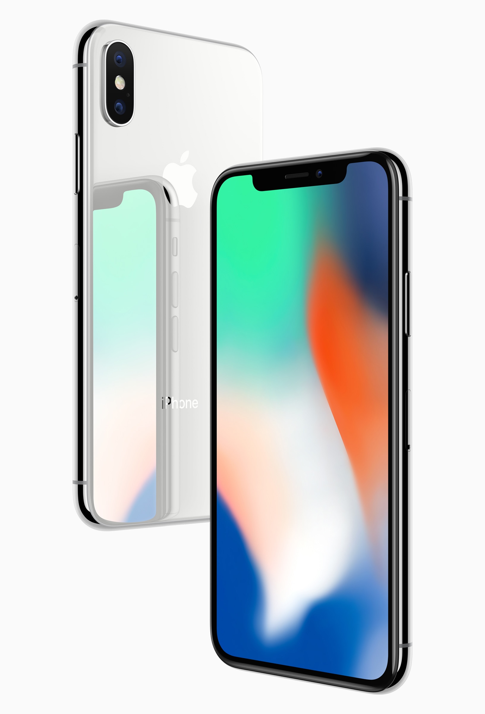Silver iPhone X from the back and space gray diagonally from the front
