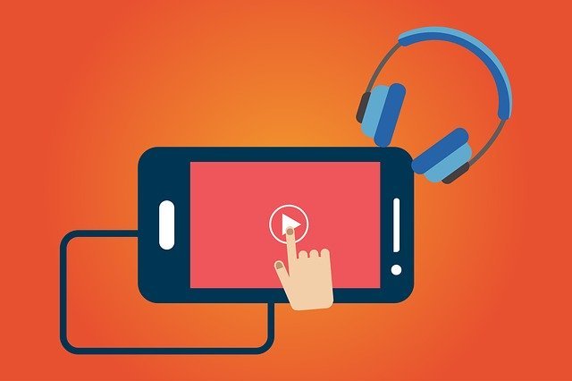 Illustration of smartphone connected to a headset and with the YouTube icon on the screen