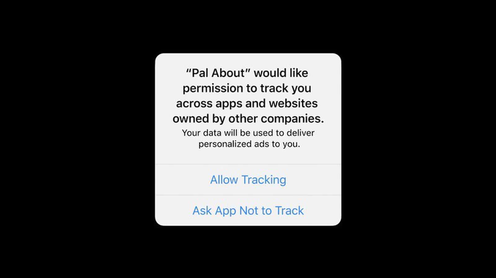 IOS 14 pop-up where the user can grant or deny access to trackers in applications