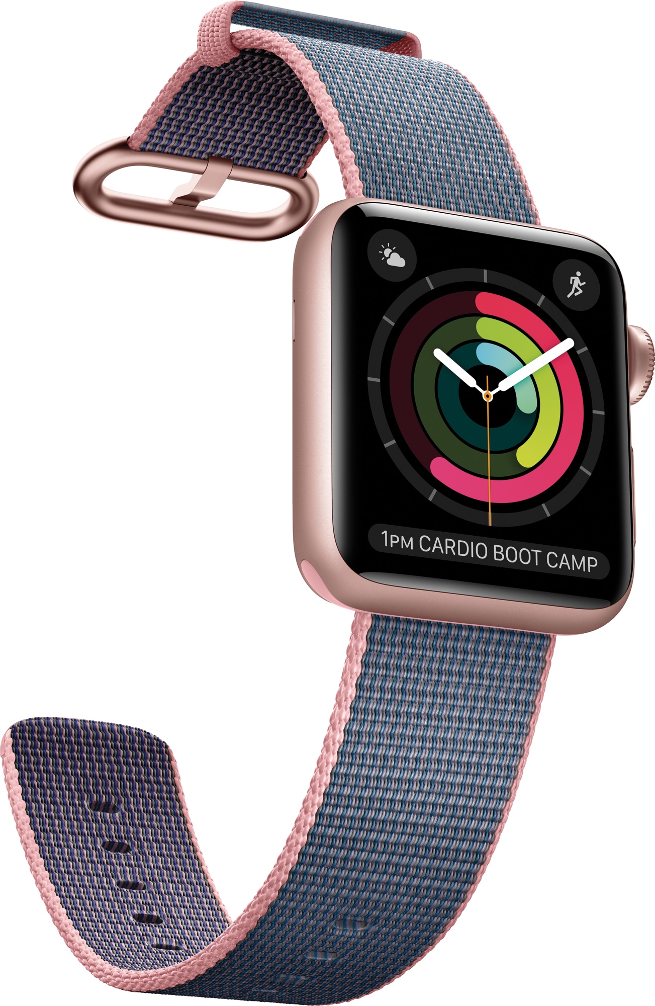 Apple Watch Series 2 rose gold with blue and pink nylon weave strap