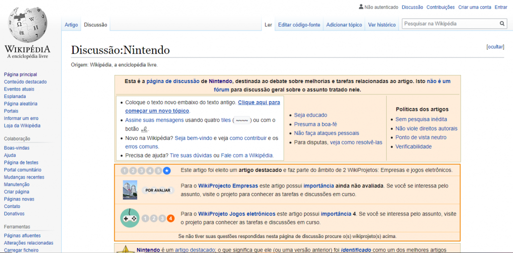 Nintendo's Wikipedia page, discussion tab