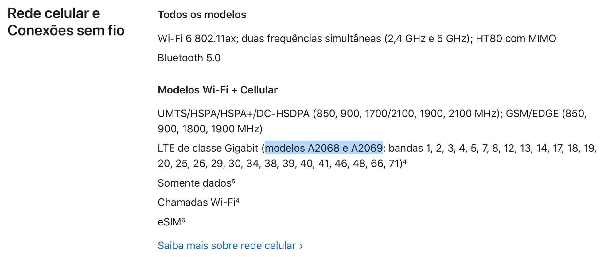 IPad Pro models on Apple's specification page