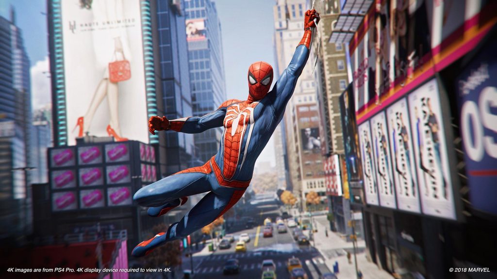 Spiderman hangs on his web.
