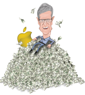 Tim Cook sitting on a pile of money