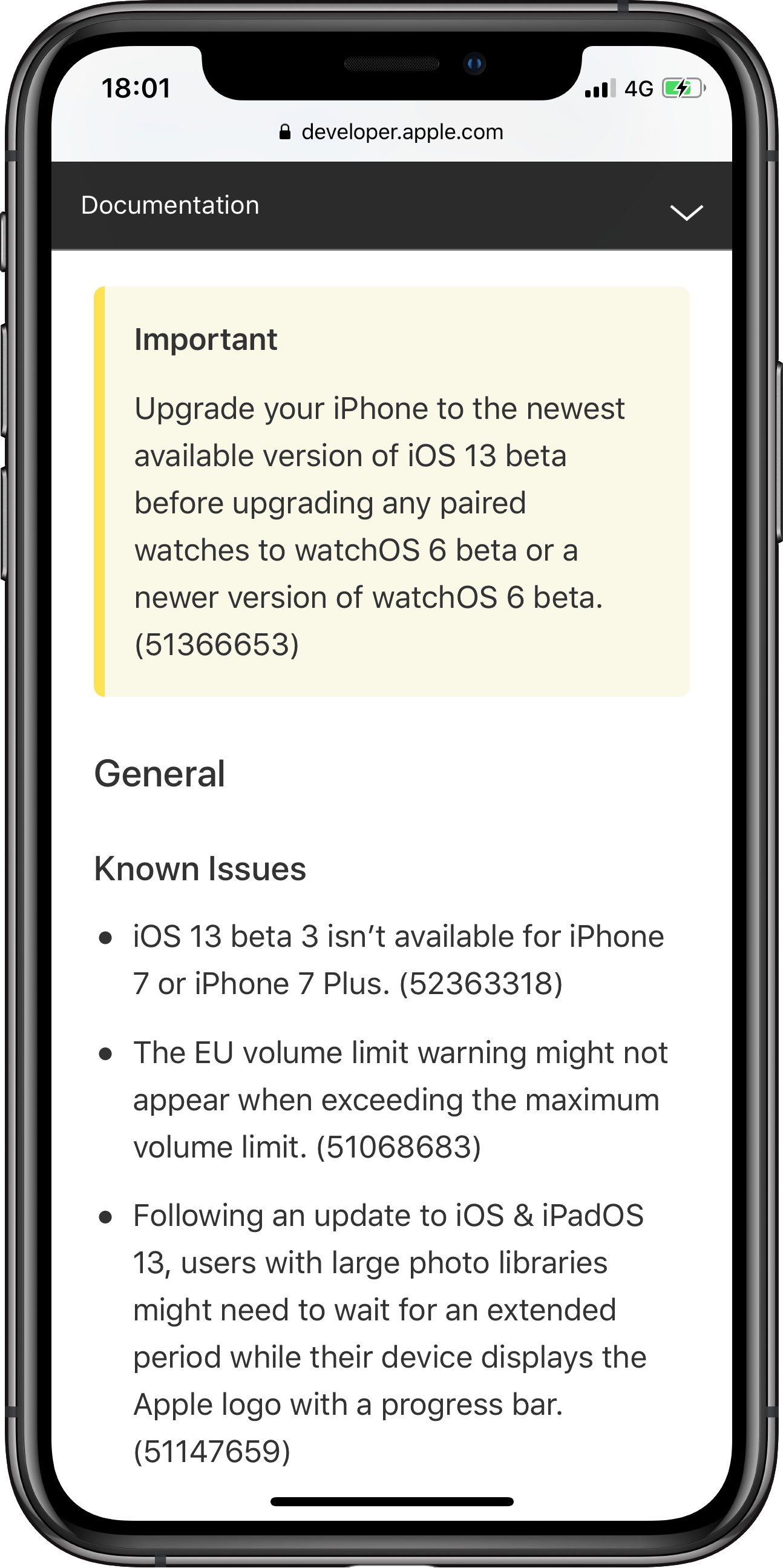 Notice in the watchOS 6 documentation warning you to update your iPhone first