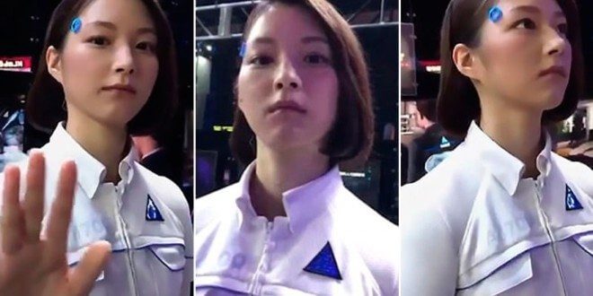 Actors posing as androids at a game event and 