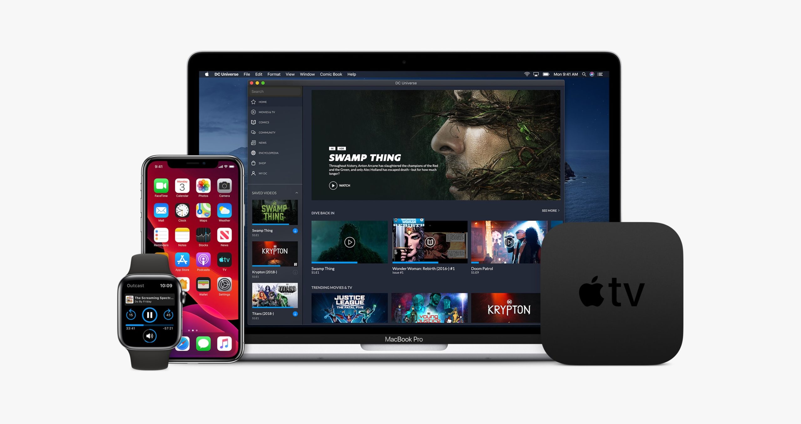 Dispositivos da Apple - Apple Watch (watchOS 6), iPhone (iOS 13), MacBook Pro (macOS Catalina 10.15) e Apple TV (tvOS 13)